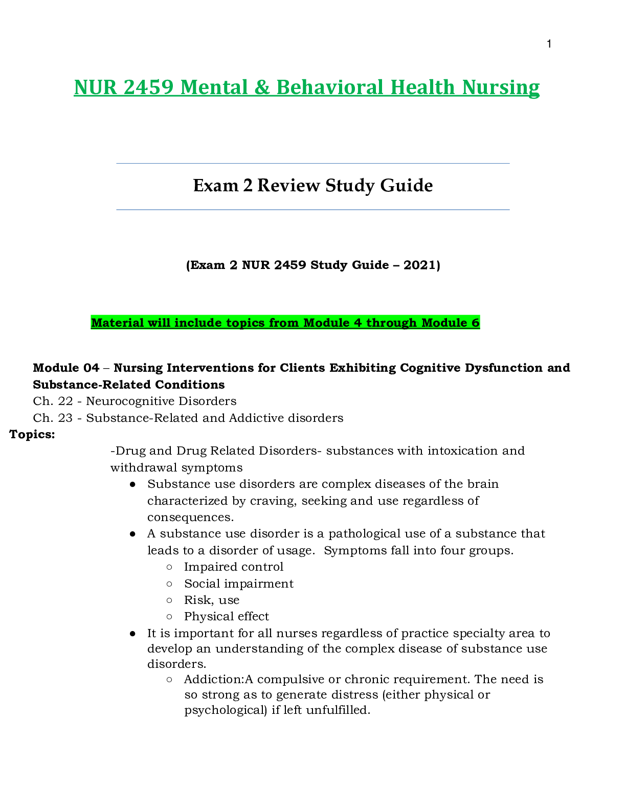 Preview image for NUR2459 / NUR 2459 Exam 2 Review Study Guide Updated Mental and Behavioral Health Nursing - Rasmussen